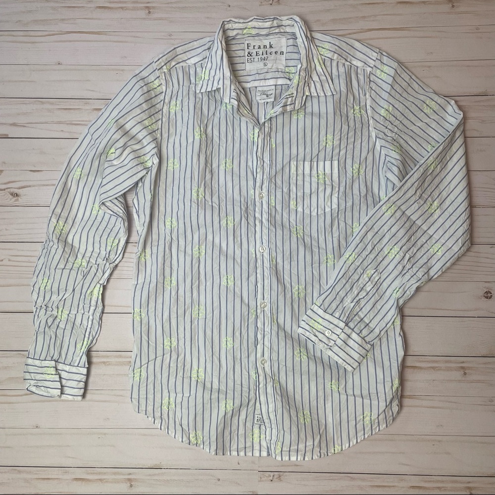 Frank & Eileen Barry Crinkle Stripe Button Down with Neon Floral Embroidery